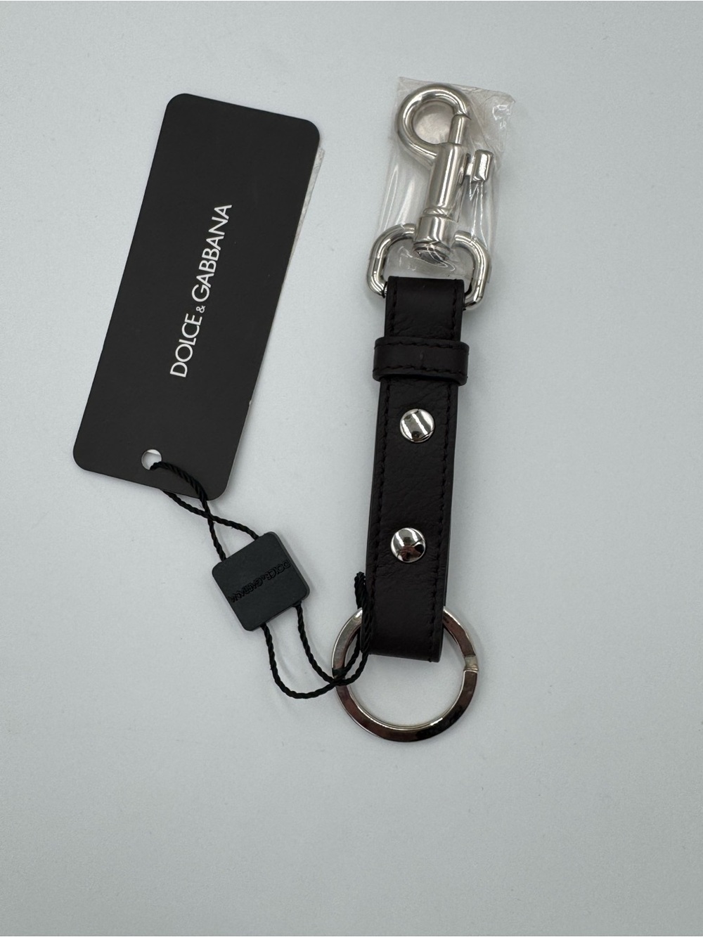 Dolce & Gabbana Dark Brown Leather Keychain with Silver Hardware NWT